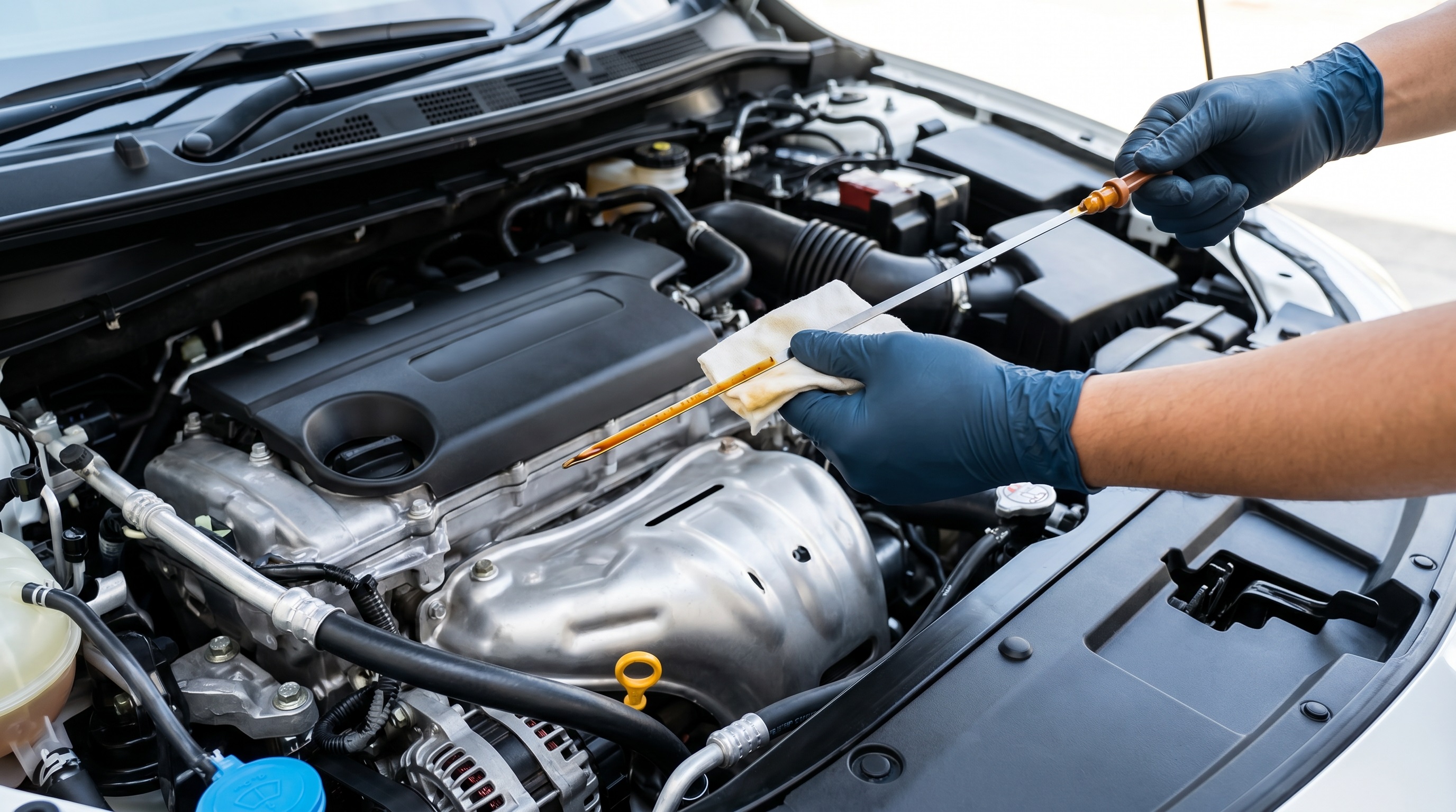 Mechanic inspects engine oil level with a dipstick in a car engine compartment, wearing blue gloves, surrounded by various engine components and tools